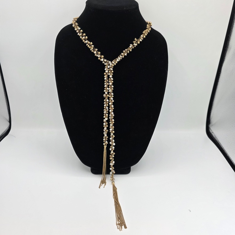Natasha Womens Gold Tone With Clear Rhinestone Tassel Necklace Signed 49"